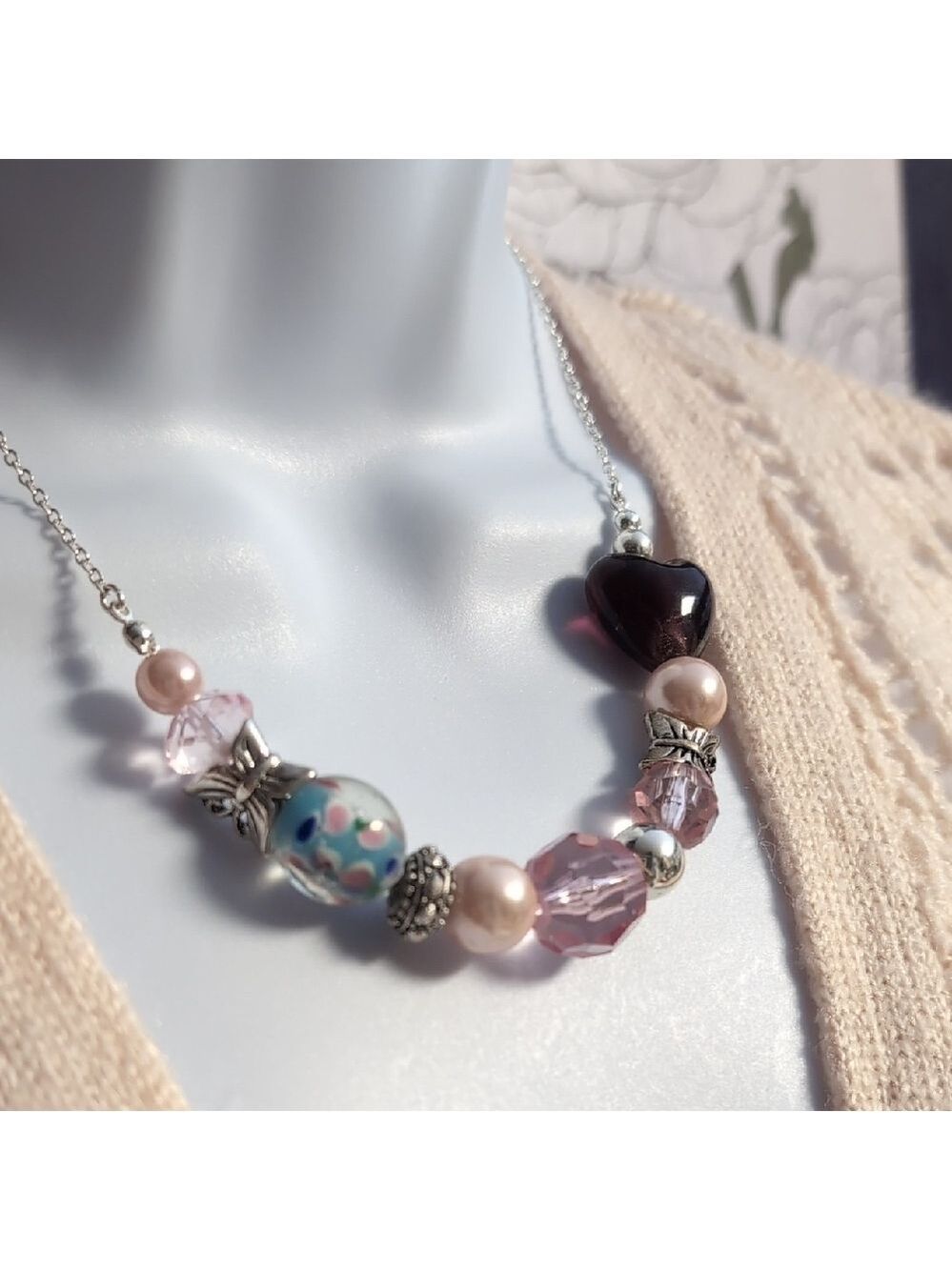 Purple Glass Heart Beaded Slider Chain Necklace